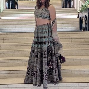 Eggplant Lehenga Set With Blue and Silver Accent